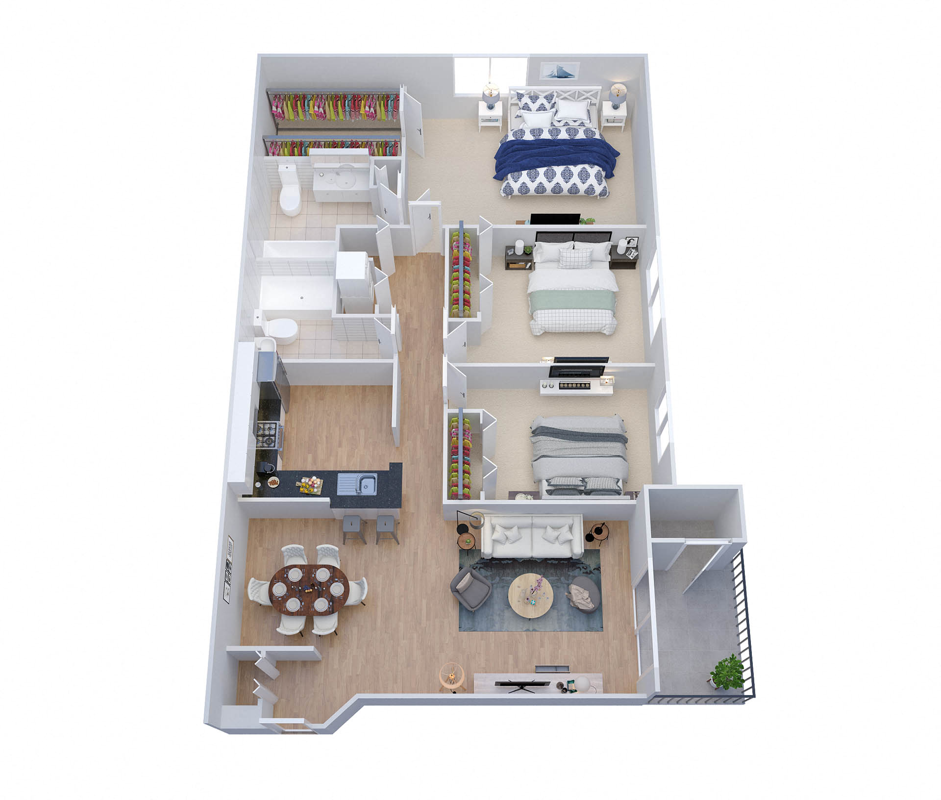 Floor plan for 3 beds, 2 baths, 1195 sqft